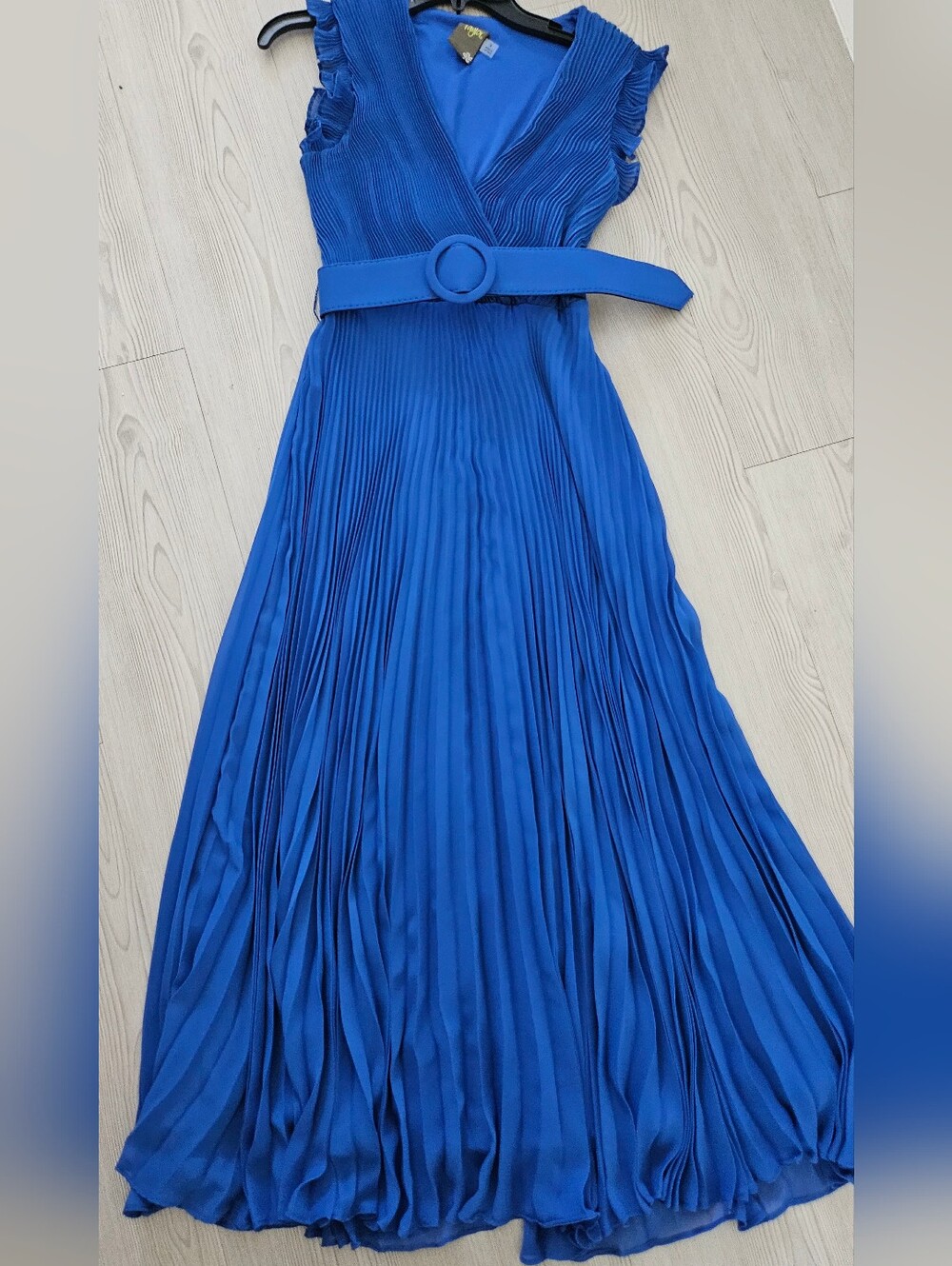 Taylor Dresses Royal Blue Pleated V-Neck Maxi with Belt